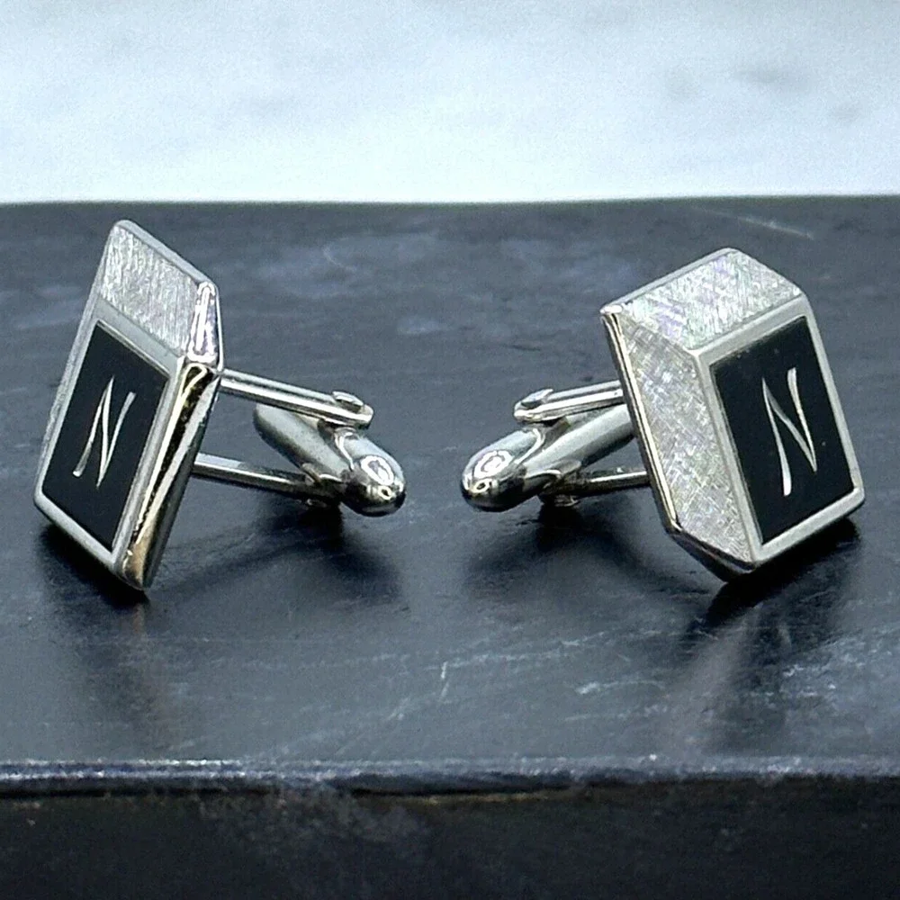 Swank Vintage Silver Tone Etched Monogram Initial N Letter Bullet Back Cufflinks